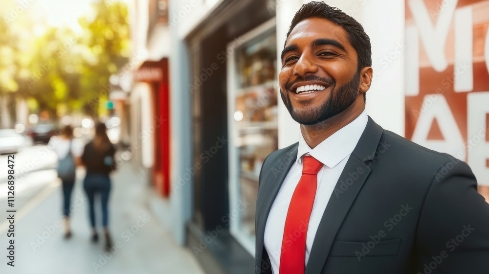 A man in a suit and red tie smiles for the camera. He is standing on a sidewalk in front of a building A man in a suit and red tie smiles for the camera. He is standing on a sidewalk in front of a building