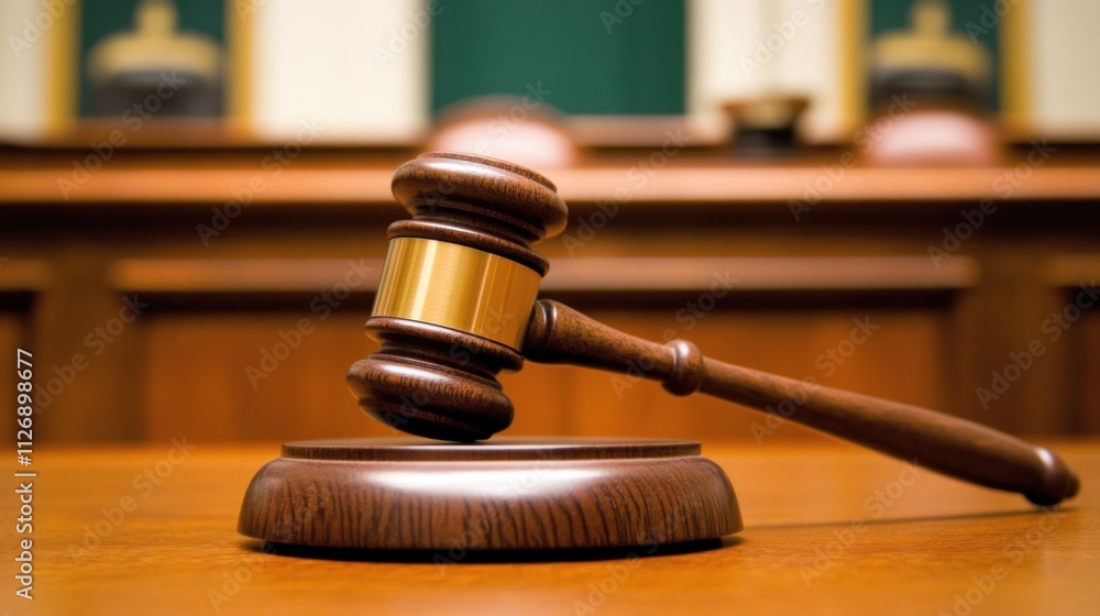 Wooden Gavel on Judge's Desk Inside a Courtroom Setting with Blurred Background Wooden Gavel on Judge's Desk Inside a Courtroom Setting with Blurred Background