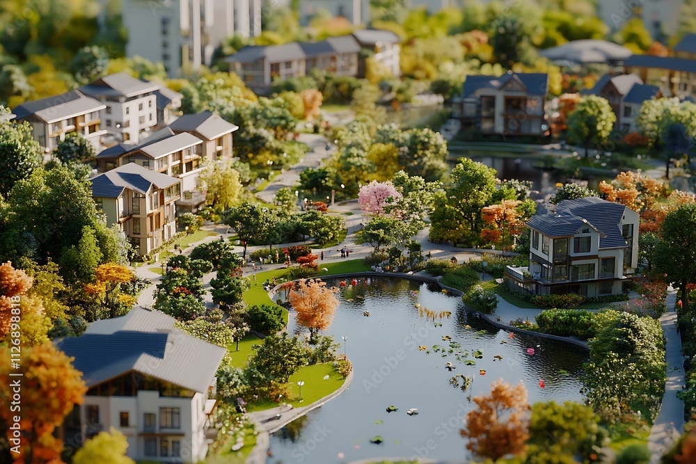 Obraz premium A miniature model of a serene residential area with lush greenery and a winding pond.