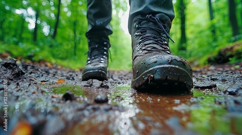 Boots Trekking Muddy Forest Trail - Hiking boots on a muddy trail, symbolizing adventure, nature, exploration, resilience, and journey.