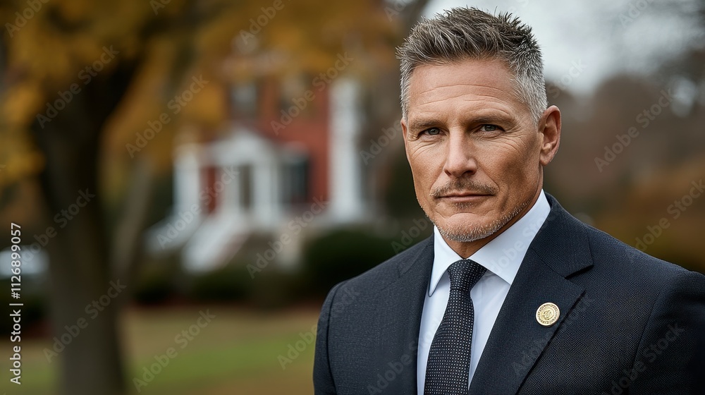 A man in a suit and tie stands in front of a house. He is wearing a tie and a badge A man in a suit and tie stands in front of a house. He is wearing a tie and a badge