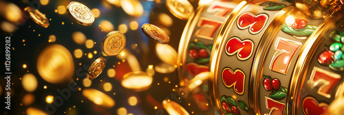 Illustration of a spinning slot machine, with vibrant lights, gold coins, and winning combinations of symbols like cherries and sevens.  photo