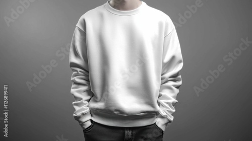 Wallpaper Mural A person of European descent wearing a plain white sweatshirt against a gray background. The image highlights the clothing design and mockup style. Torontodigital.ca