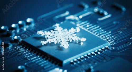 Frosty microchip showing delicate snowflake on circuit board