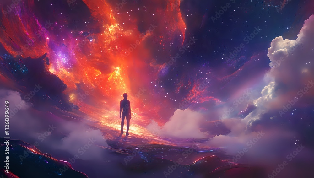 Man silhouetted against vibrant cosmic nebula. Man silhouetted against vibrant cosmic nebula.