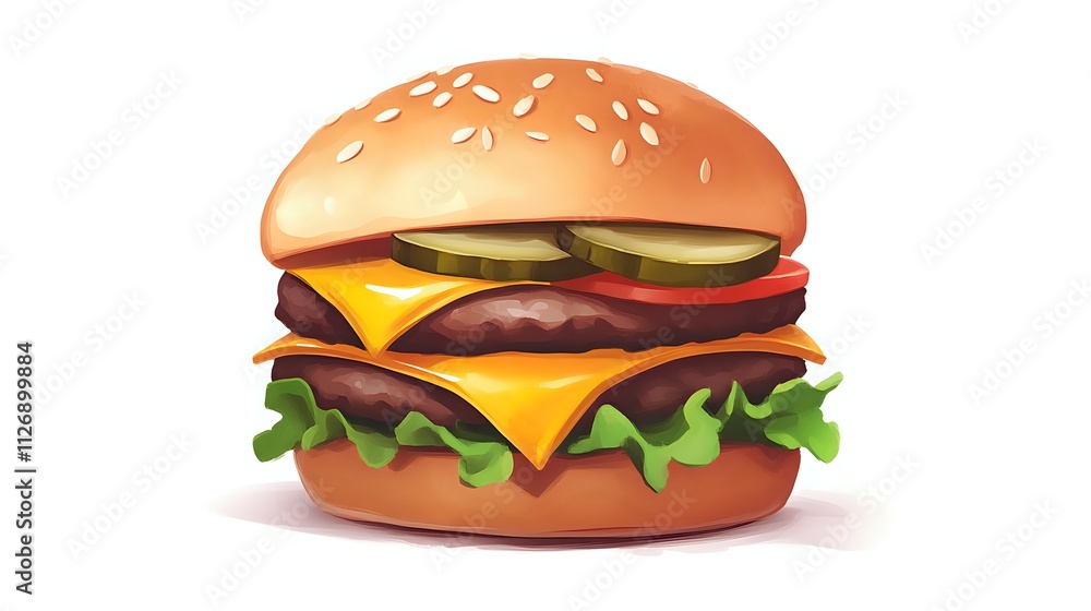 Delicious double cheeseburger with lettuce, tomato, pickles, and sesame bun. Delicious double cheeseburger with lettuce, tomato, pickles, and sesame bun.