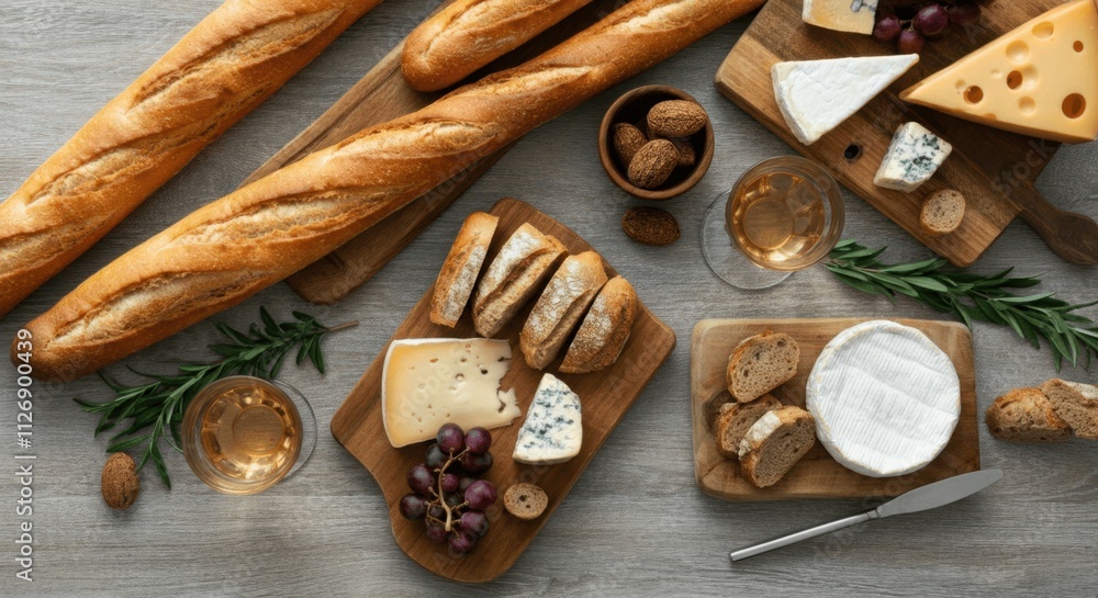 Artisanal bread cheese platter on wooden table Artisanal bread cheese platter on wooden table