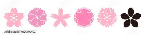 桜のアイコン。水彩風イラスト。春の花。いろんな花びらの形をしたベクター素材。さくら。
