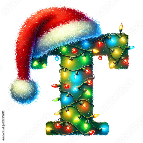 Christmas Letter T with Santa Hat and Colorful String Lights PNG