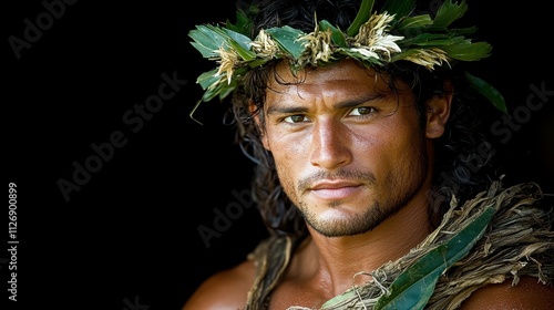 A man wearing a headdress and a necklace. He has a serious expression on his face. Concept of cultural pride and tradition photo