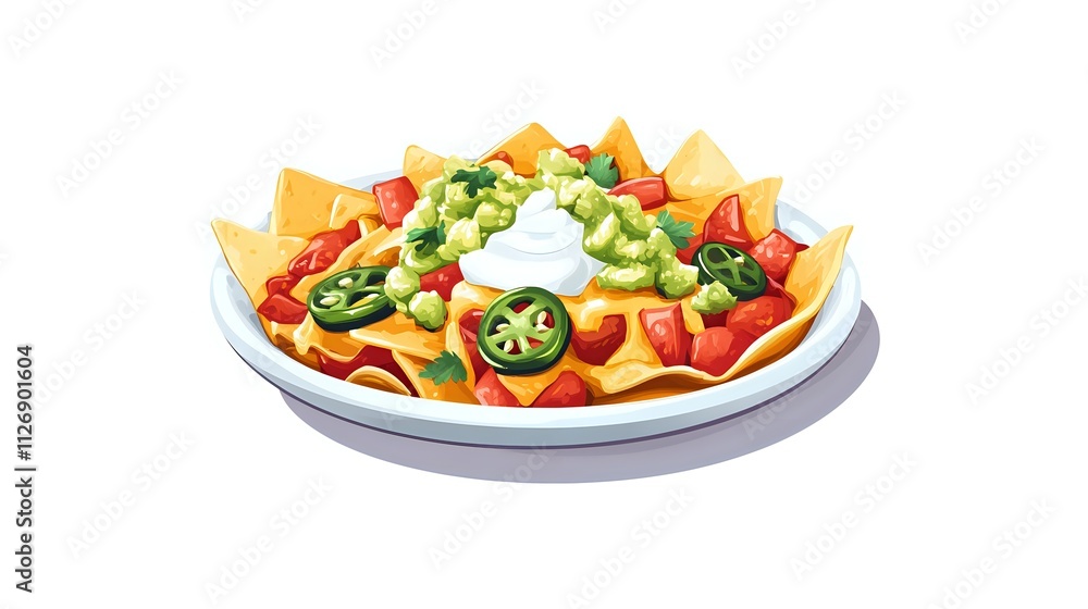 Delicious nachos with cheese, tomatoes, guacamole, jalapenos, and sour cream on a white plate. Delicious nachos with cheese, tomatoes, guacamole, jalapenos, and sour cream on a white plate.