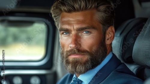 A man with a beard and a blue suit is sitting in a car. He looks tired and is staring at the camera