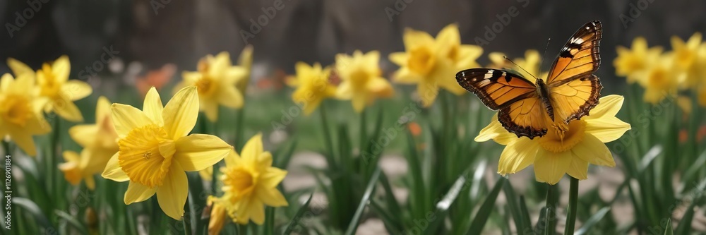 Colorful butterfly on a bright yellow daffodil, petals, flower power, springtime colorful butterfly floral greeting card Colorful butterfly on a bright yellow daffodil, petals, flower power, springtime colorful butterfly floral greeting card