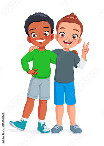 Two young boys hugging each other. Happy best friends. Friendship concept cartoon vector illustration.