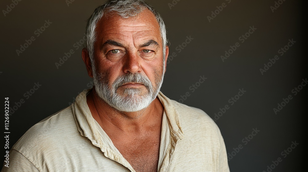 Obraz premium A man with a beard and white shirt is looking at the camera. He is in a serious mood