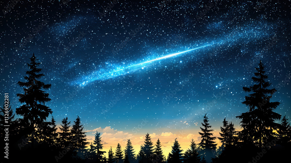bright comet tail streaks across starry night sky, illuminating landscape bright comet tail streaks across starry night sky, illuminating landscape