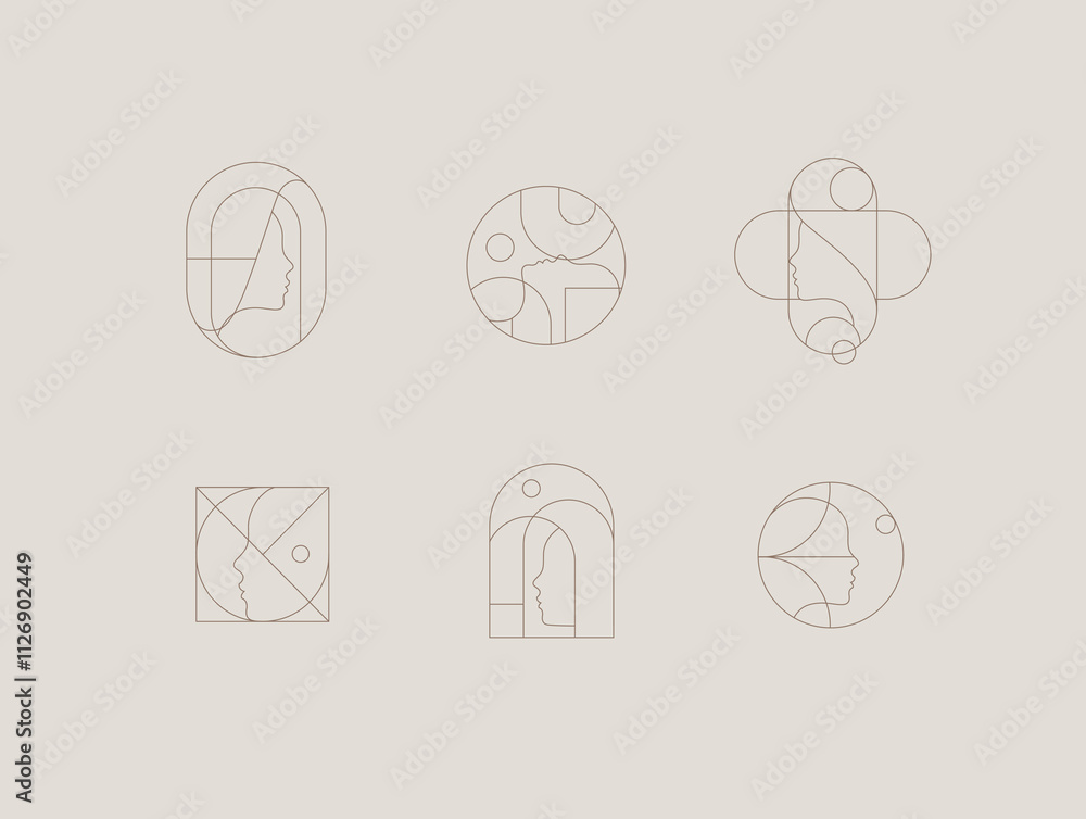 Female silhouettes drawing in minimalist linear art style on beige background.