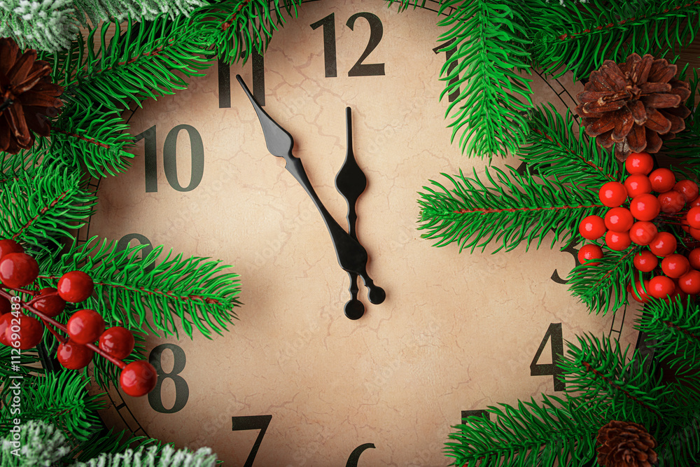 New Year's clock and still life. The clock shows midnight.
