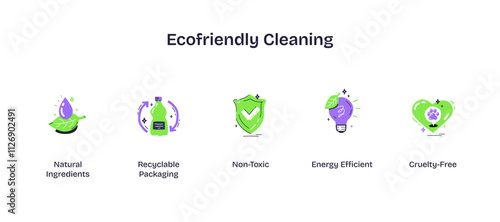 Ecofriendly cleaning icons show natural ingredients, recyclable packaging, and non-toxic symbols. Playful style icons