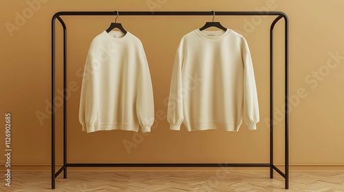 This image showcases two neutral-colored sweatshirts hanging on a stylish black rack against a warm beige background. photo