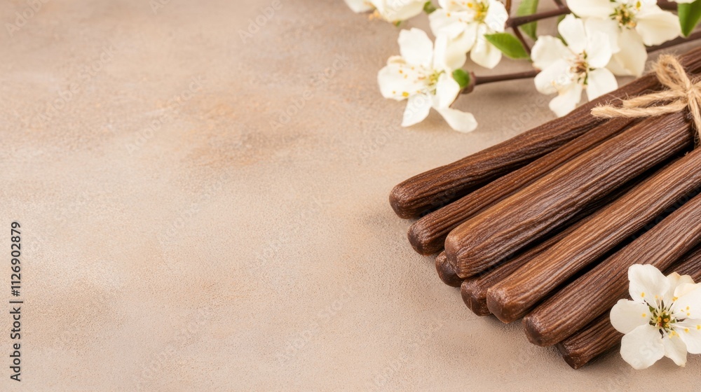 Natural Vanilla Sticks with Fresh Blossoms on a Neutral Background Natural Vanilla Sticks with Fresh Blossoms on a Neutral Background