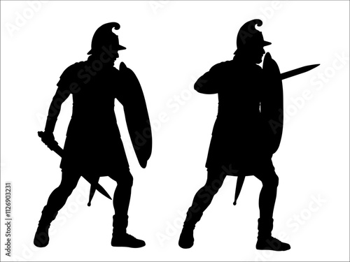 Macedonian warriors in battle. Ancient Greek infantry black silhouette vector drawing.