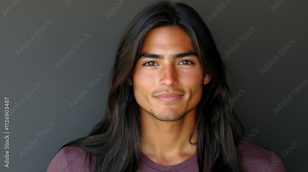 A man with long hair and a beard is smiling for the camera. He is wearing a purple shirt A man with long hair and a beard is smiling for the camera. He is wearing a purple shirt