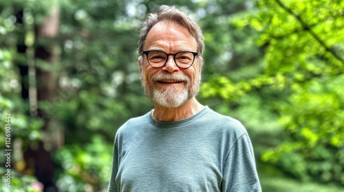 A man with glasses is smiling in a forest. Scene is happy and relaxed