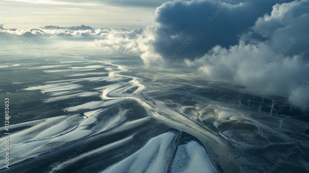 Aerial view of a river winding through a coastal landscape with wind turbines under a dramatic sky. Aerial view of a river winding through a coastal landscape with wind turbines under a dramatic sky.
