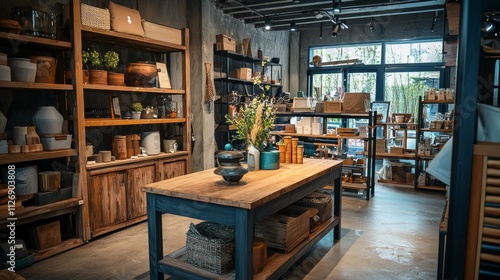 Rustic home decor shop with wooden furniture and modern accents