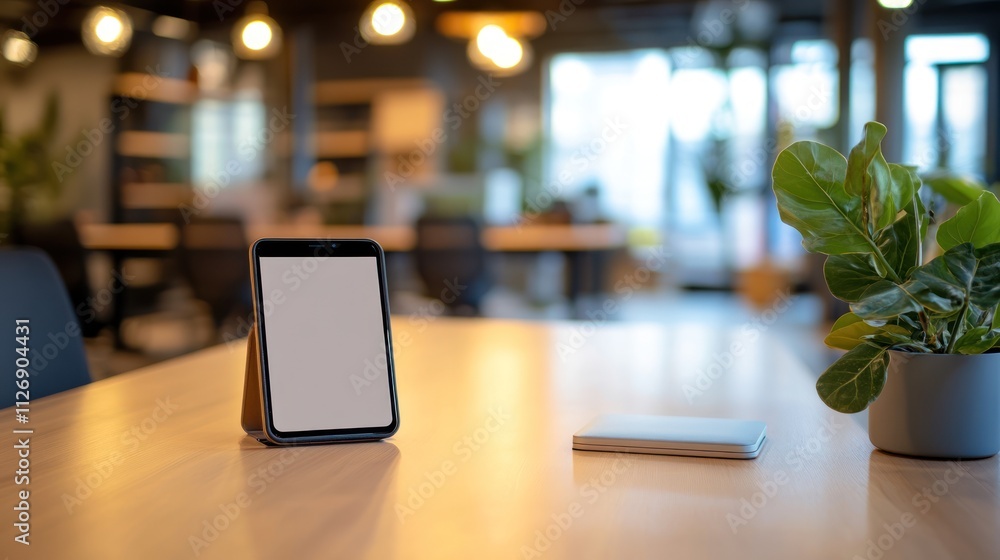 Modern workspace with a smartphone and a plant on a desk. Modern workspace with a smartphone and a plant on a desk.