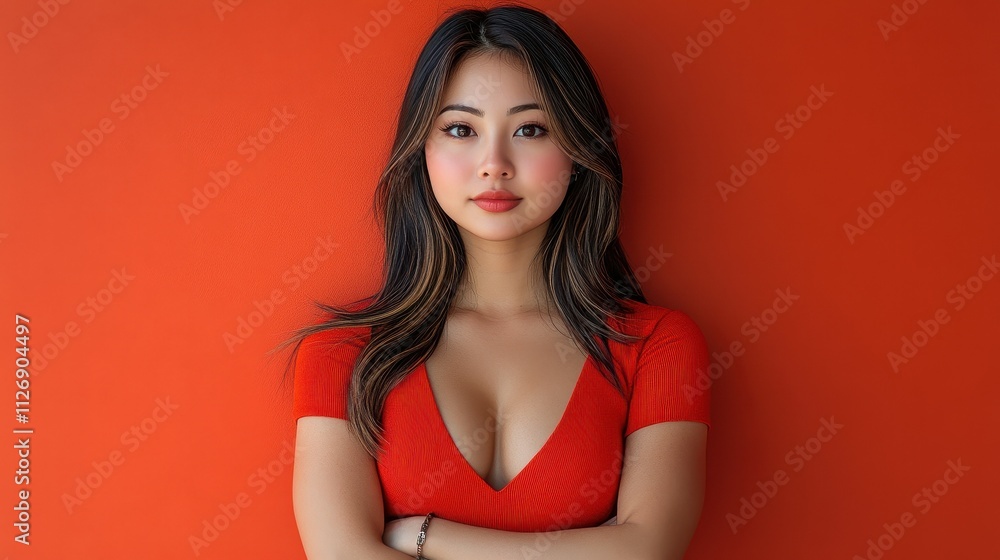 A woman in a red dress is standing in front of a red wall. She has a serious expression on her face A woman in a red dress is standing in front of a red wall. She has a serious expression on her face