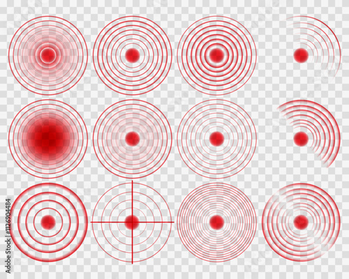 Sonar Wave Signal: Red Digital Sound Wave with Transparent Background for Tech and Wireless Concepts. Red circular pulsation as a symbol of an alarm is a design element. Vector illustration