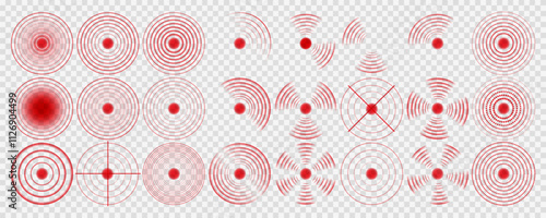 Sonar Wave Signal: Red Digital Sound Wave with Transparent Background for Tech and Wireless Concepts. Red circular pulsation as a symbol of an alarm is a design element. Vector illustration