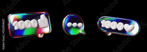 3D glossy glass speech bubbles holographic effect with 1000 like and heart emoji vector set, volume feedback clouds