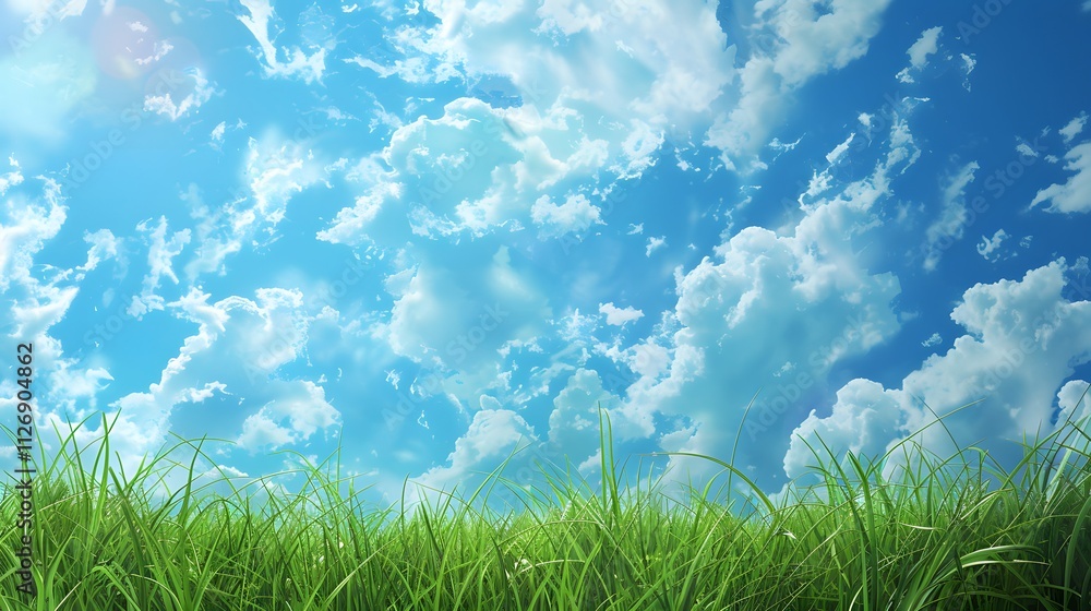 Lush Green Grass Against Bright Blue Sky with Fluffy White Clouds Lush Green Grass Against Bright Blue Sky with Fluffy White Clouds