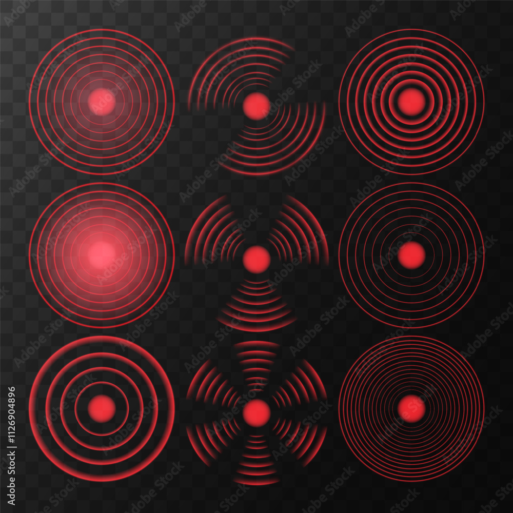 Fototapeta premium Red Glowing Sensor Rings: Wireless Radar, Sonar, and Digital Signal Light Effects for Modern Designs