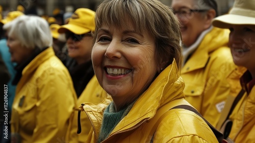 A woman in a yellow jacket is smiling at the camera. She is surrounded by other people in yellow jackets