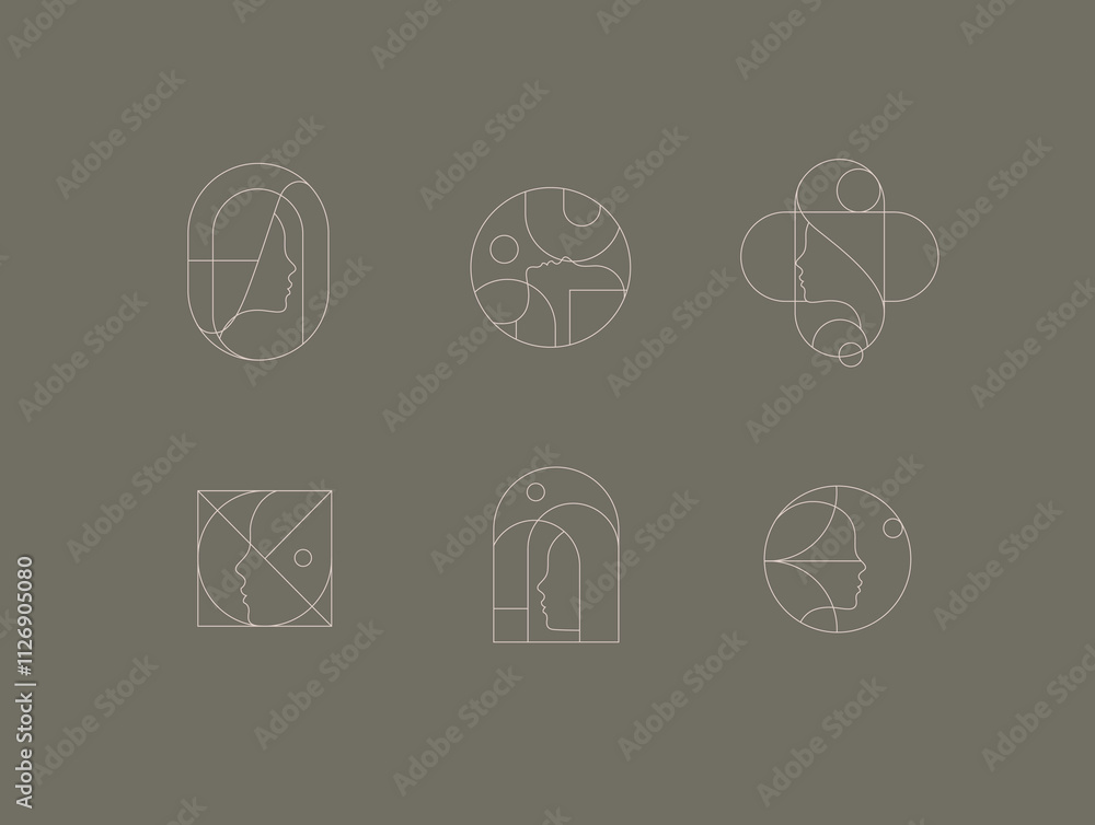 Female silhouettes drawing in minimalist linear art style on grey background.