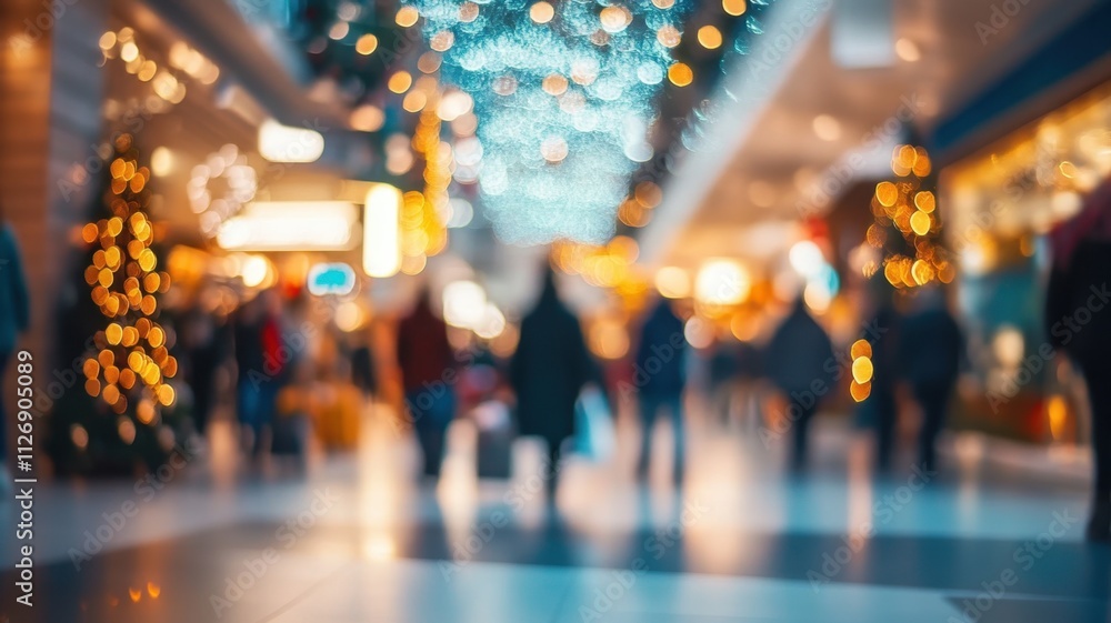 Blurred customers walking in a shopping mall during christmas time, with trees and decorations background Blurred customers walking in a shopping mall during christmas time, with trees and decorations background