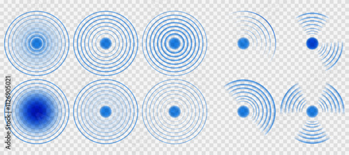 Sonar Wave Signal: Blue Digital Sound Wave with Transparent Background for Tech and Wireless Concepts. Transparent neon circle symbol for wireless monitoring and protection. Blue electric ring