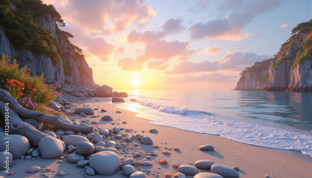 Obraz premium Idyllic Coastal Scene at Dawn with Sandy Beach and Wildflowers