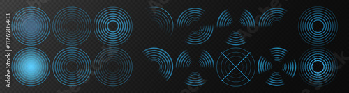 Blue Sensor Wave Light Effect: Digital Radar and Sonar Signal Rings for Wireless Internet, Monitoring, and Technology Designs on Transparent Background