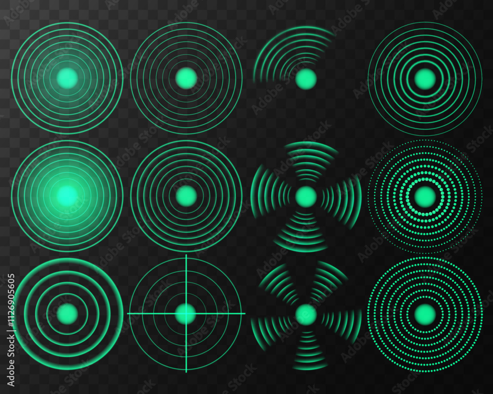 Collection of simple flat vector targets isolated on black background. Different crosshair icons. Aiming mark templates. Realistic set of green radio wave signal signs. Radar screen concentric circle.