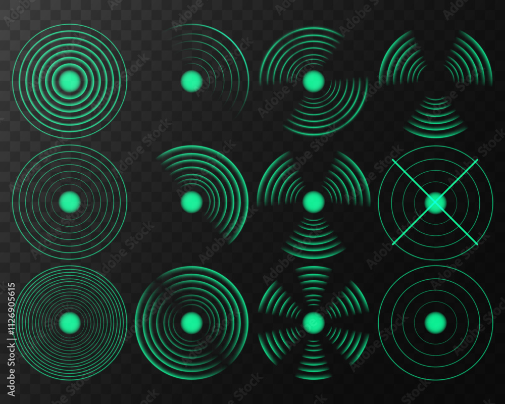 Fototapeta premium Collection of simple flat vector targets isolated on black background. Different crosshair icons. Aiming mark templates. Realistic set of green radio wave signal signs. Radar screen concentric circle.