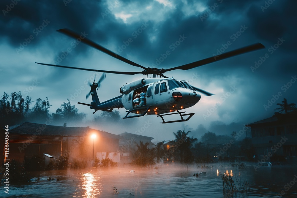 cargo helicopter hovering above flood zone delivering emergency supplies cargo helicopter hovering above flood zone delivering emergency supplies