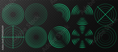 Realistic Green Radio Wave Signals: Radial Wi-Fi Connection Icons with Sound Spread, Pulse Effect, and Radar Area Vibrations. Vector Illustration on Transparent Background