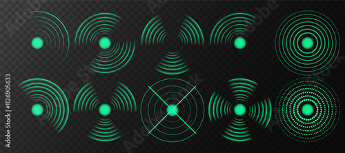 Collection of simple flat vector targets isolated on black background. Different crosshair icons. Aiming mark templates. Realistic set of green radio wave signal signs. Radar screen concentric circle.