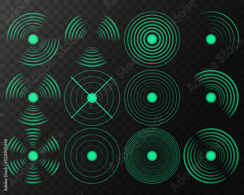 Realistic Green Radio Wave Signals: Radial Wi-Fi Connection Icons with Sound Spread, Pulse Effect, and Radar Area Vibrations. Vector Illustration on Transparent Background