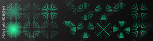 Realistic Green Radio Wave Signals: Radial Wi-Fi Connection Icons with Sound Spread, Pulse Effect, and Radar Area Vibrations. Vector Illustration on Transparent Background